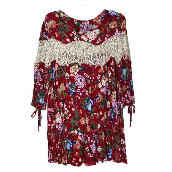 UMGEE Womens Large Loose Fit BOHO Cottage Peasant Tunic Floral & Lace Top - Picture 1 of 6